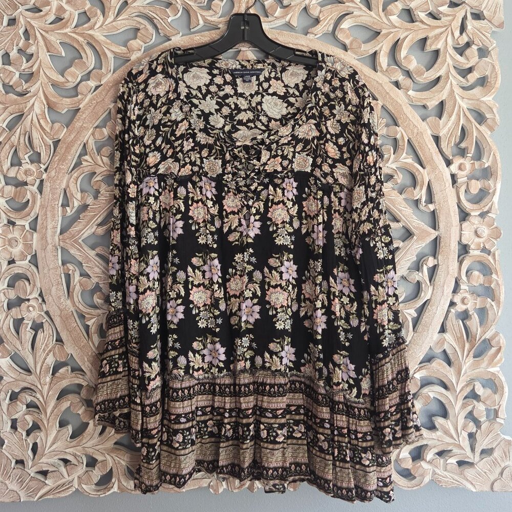 American Eagle Top Floral Lace Up Bell Sleeve Peasant Cottage Boho Womens Large